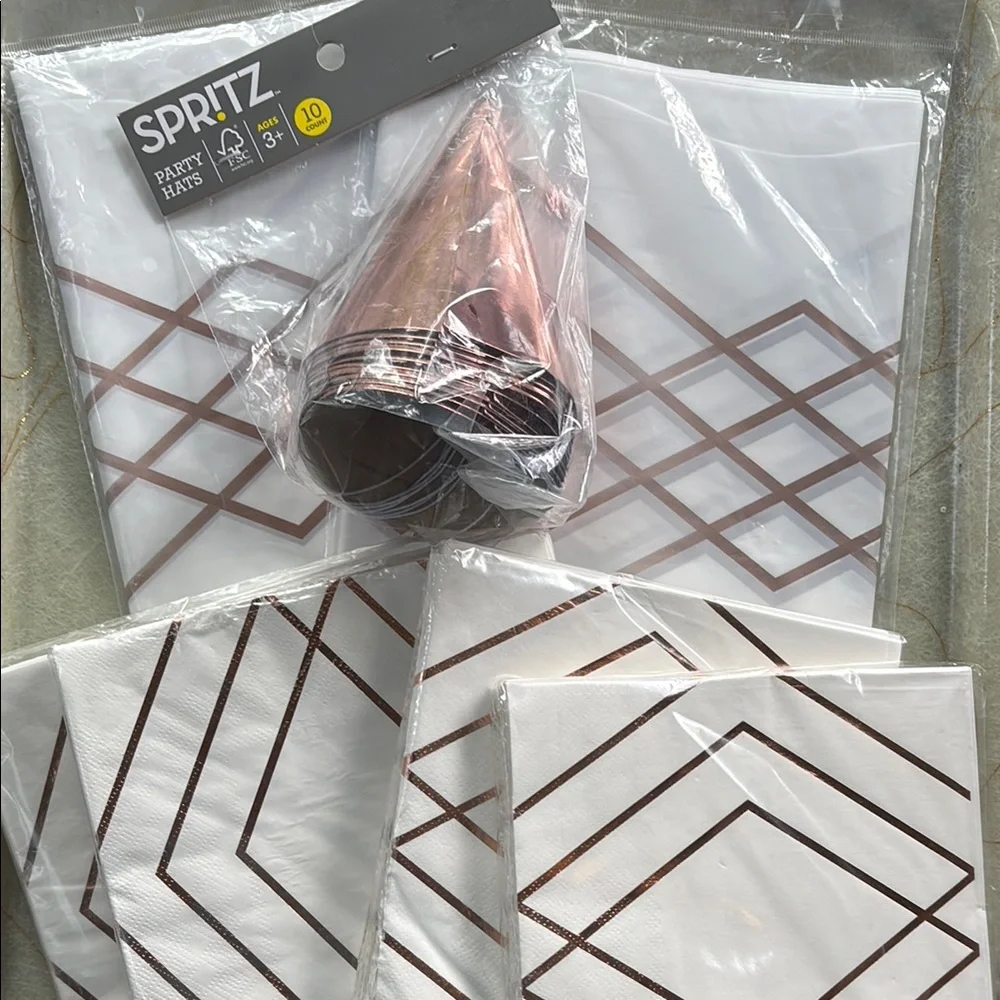 Spritz Rose Gold Party Hats, Table Covers & Napkins Set
